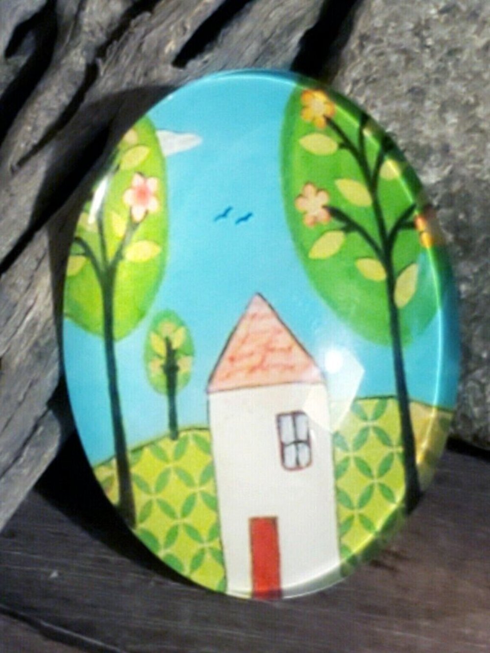 Handmade Trees and House 40x30mm Oval Tempered Glass Cabochon 6939-E